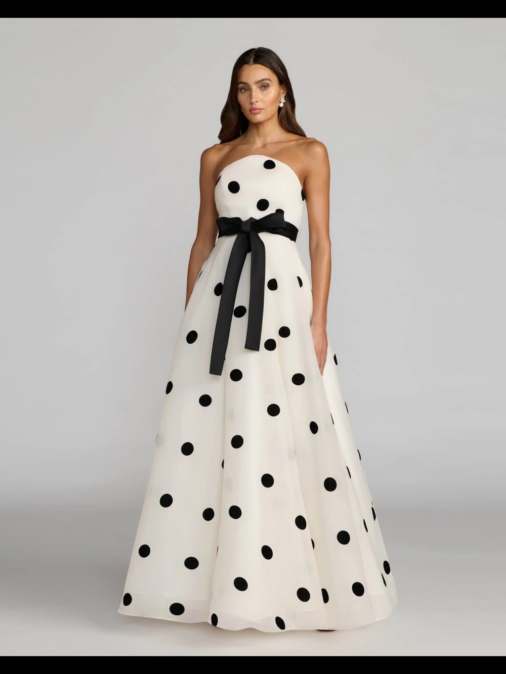 Ieena For Mac Duggal Strapless White Polka Dot Evening Gown with Black Bow NWOT